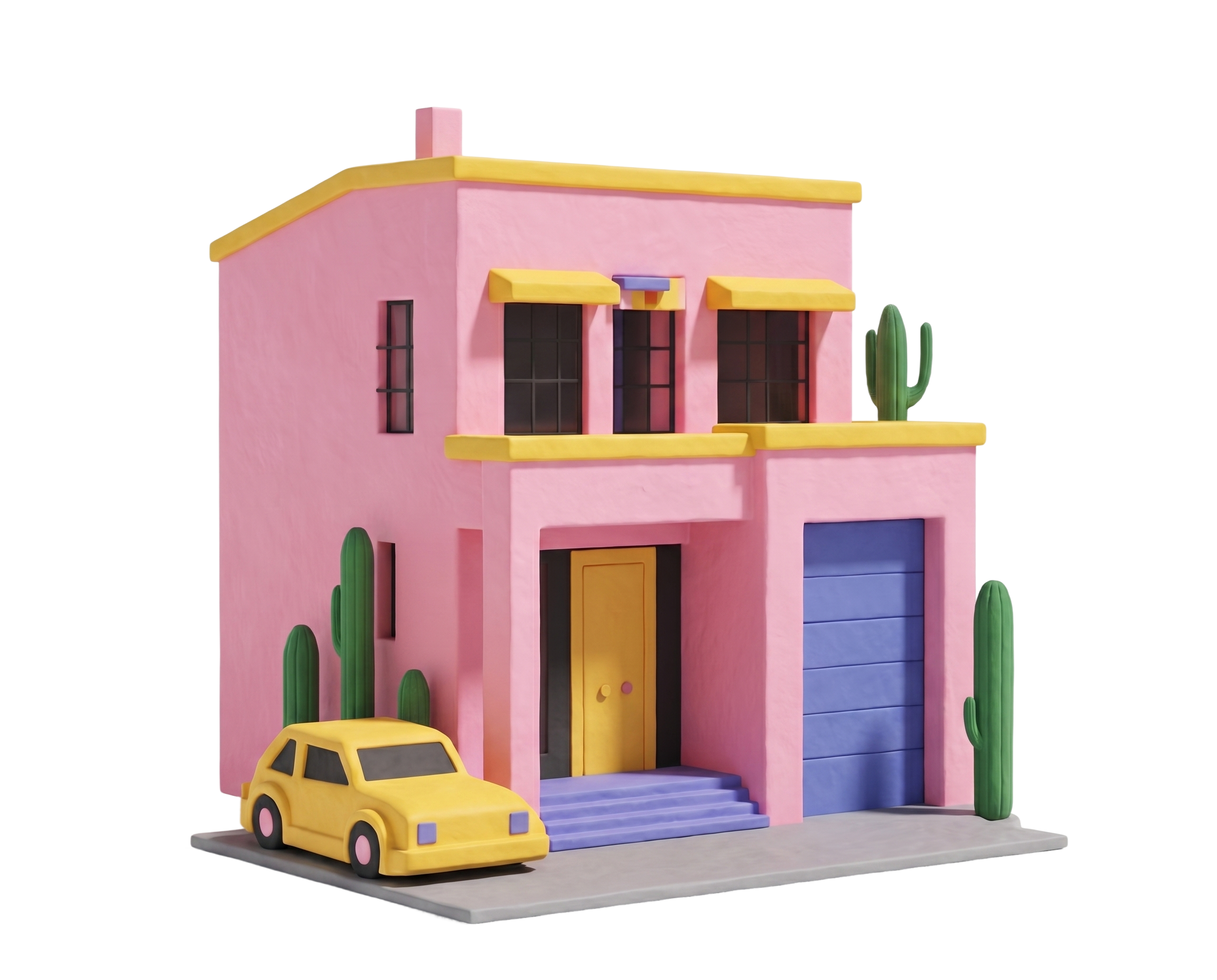 A playful pink Paohaus building with cactus plants and a yellow car