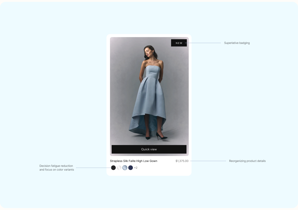 Alexia María mobile product card with merchandising annotations