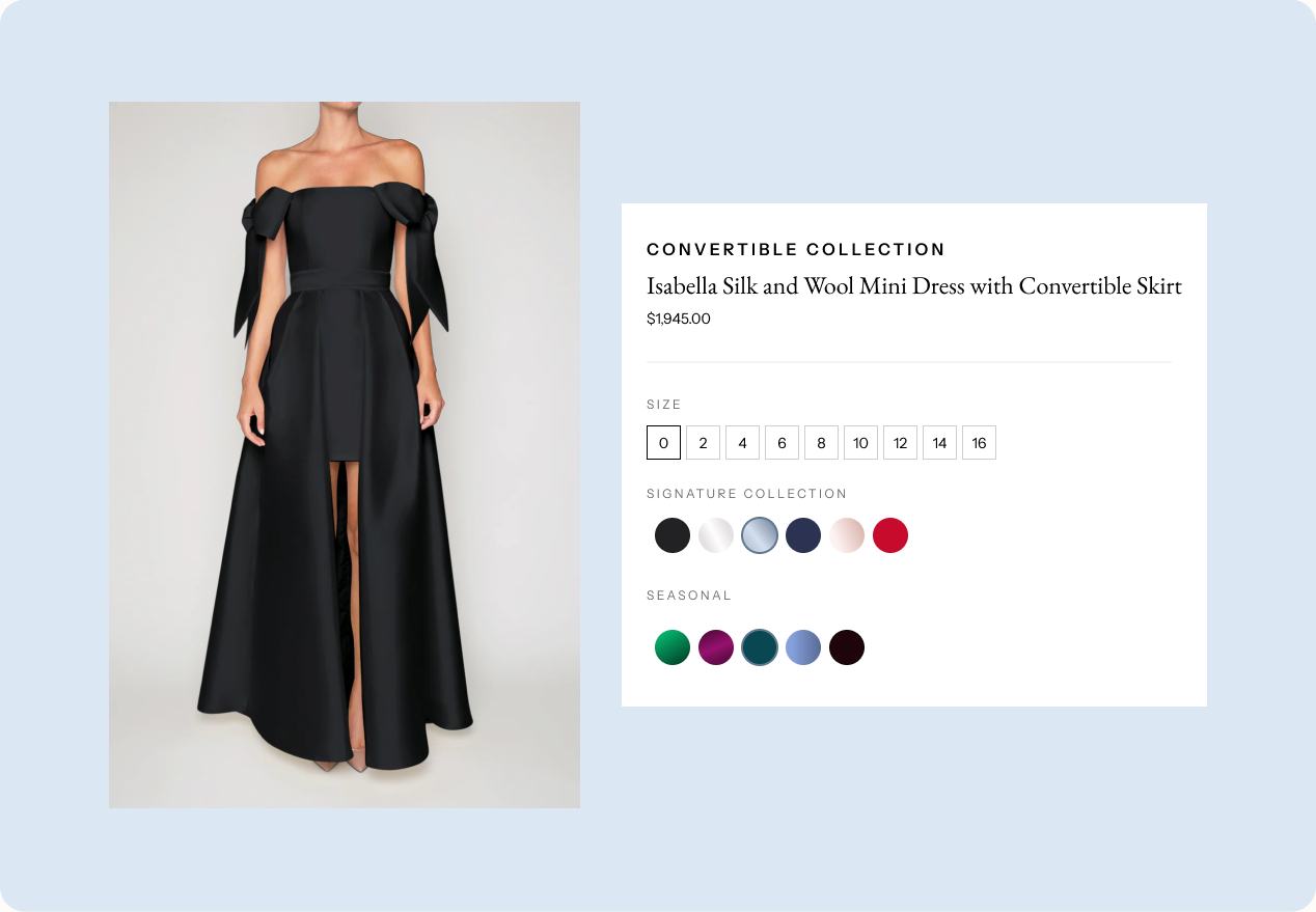 Alexia María product configurator with variant swatches