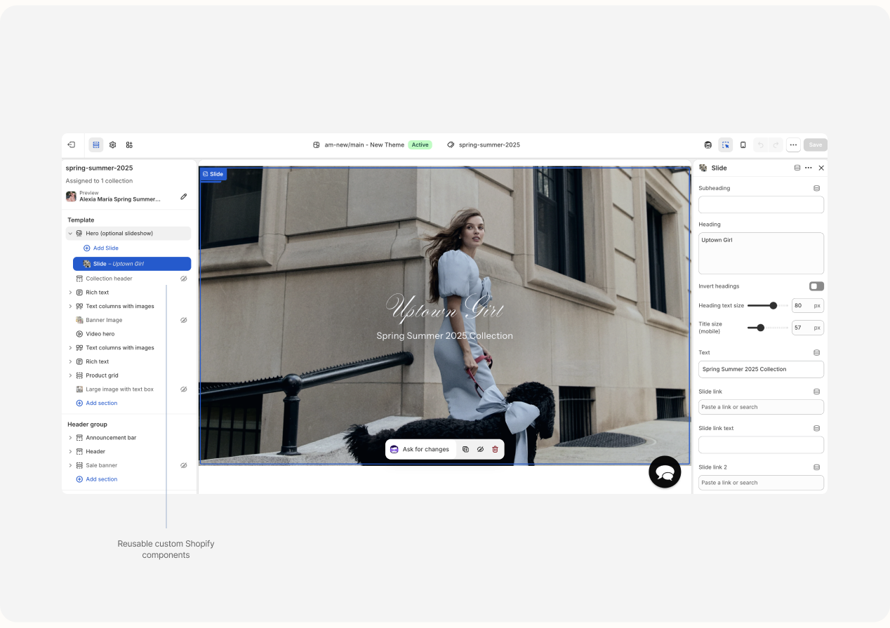 Alexia María Shopify customizer showing reusable content components
