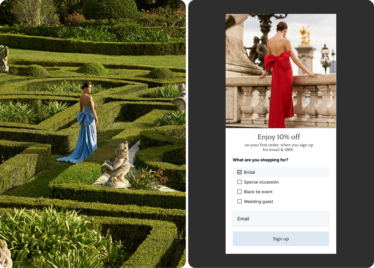 Alexia María editorial signup experience with luxury campaign imagery