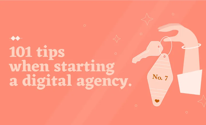 graphic art of hand with car keys and text reading 101 tips when starting a digital agency