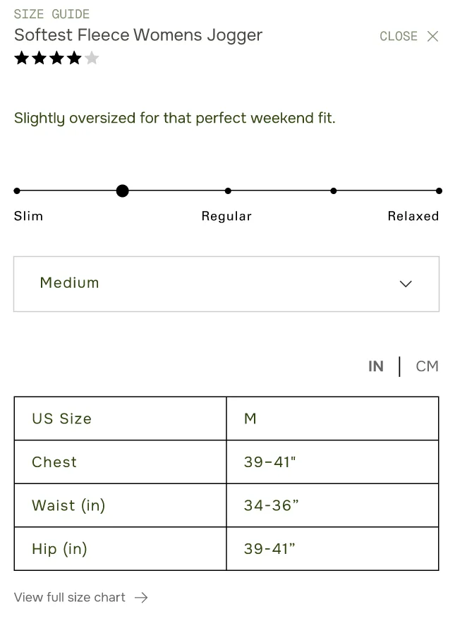 screenshot of sizing chart example