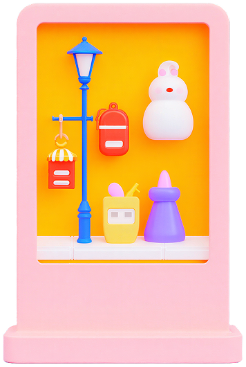 Pink storefront display with colorful product icons